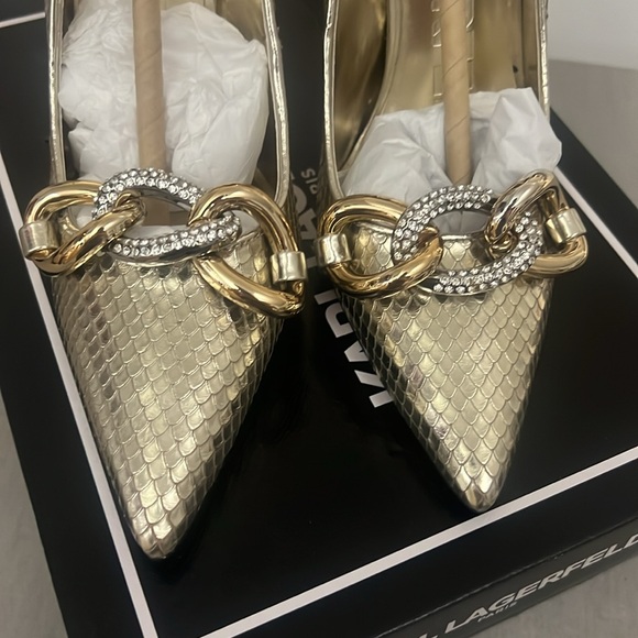 KARL LAGERRFELD CARMY CHAMPAGNE SNAKE-PRINT LEATHER 7 STILETTOS - Picture 5 of 11